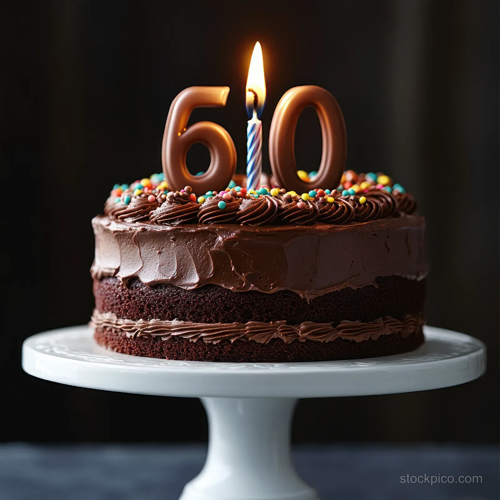 Chocolate birthday cake with dark frosting, colorful sprinkles, and a lit number sixty candle on a white stand.
