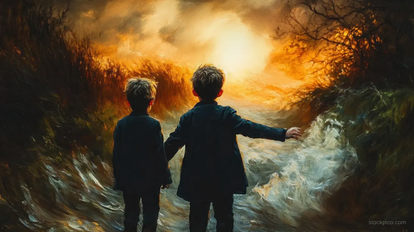 Two boys holding hands walk toward a bright glowing misty opening framed by dark swirling trees and fog.