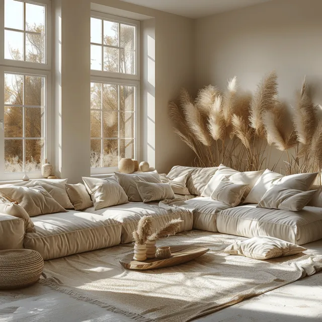 Beige fabric sofa and round coffee table in a Scandinavian boho living room with pampas grass near sunny windows.