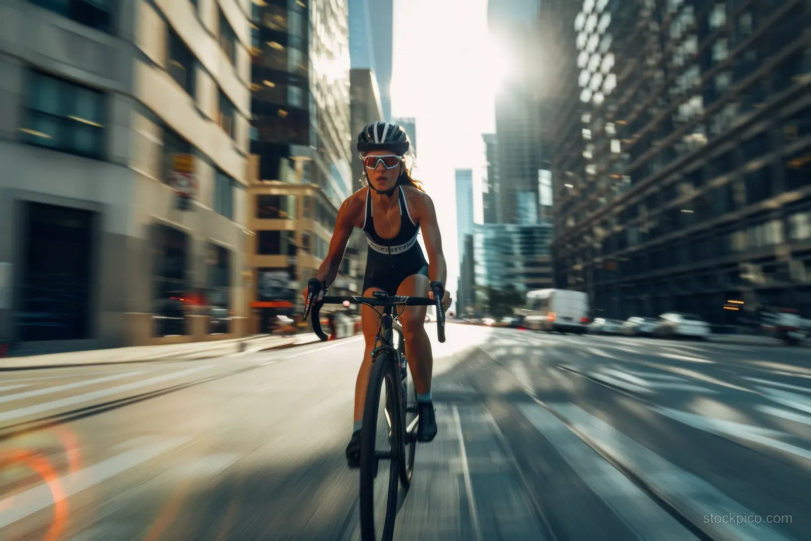 A female triathlete cycles in an urban race corridor between skyscrapers with motion blur.