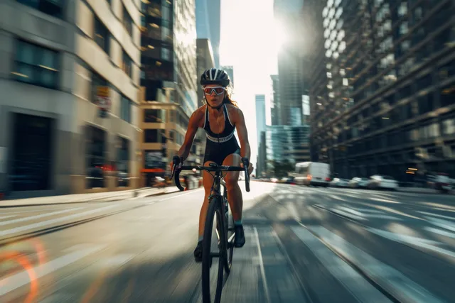 Uma triatleta pedala em um corredor de corrida urbano entre arranha-céus com desfoque de movimento.
