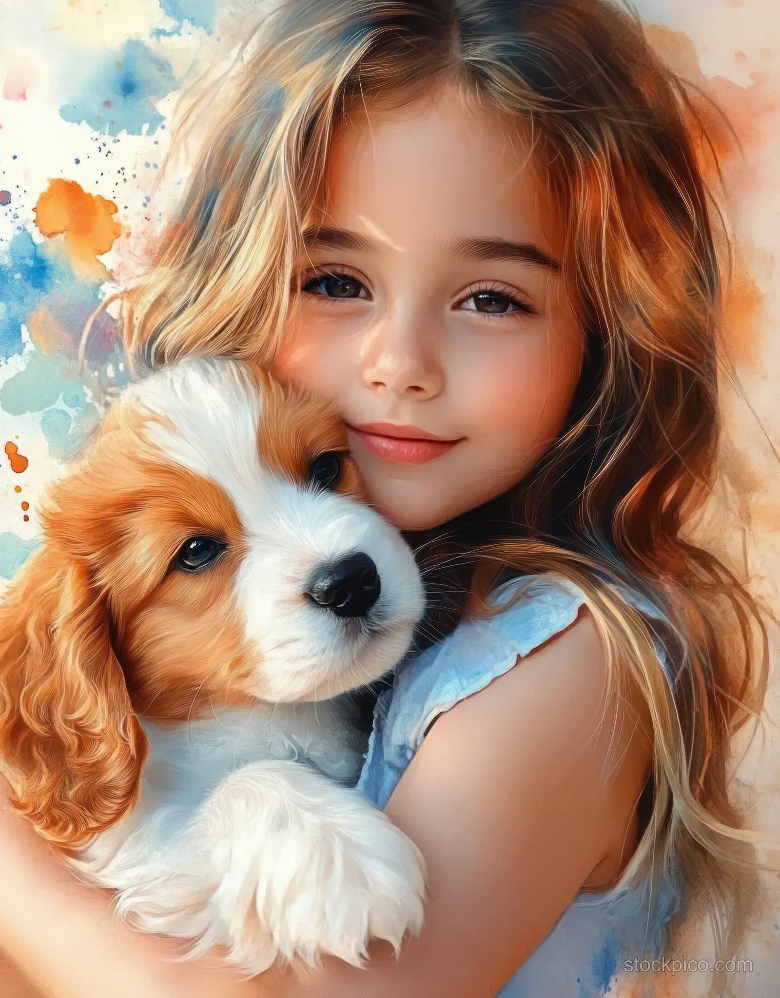 Smiling girl hugs a fluffy brown and white puppy against a colorful watercolor splash background.