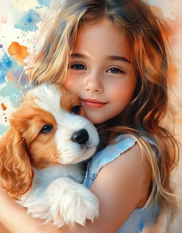 Smiling girl hugs a fluffy brown and white puppy against a colorful watercolor splash background.