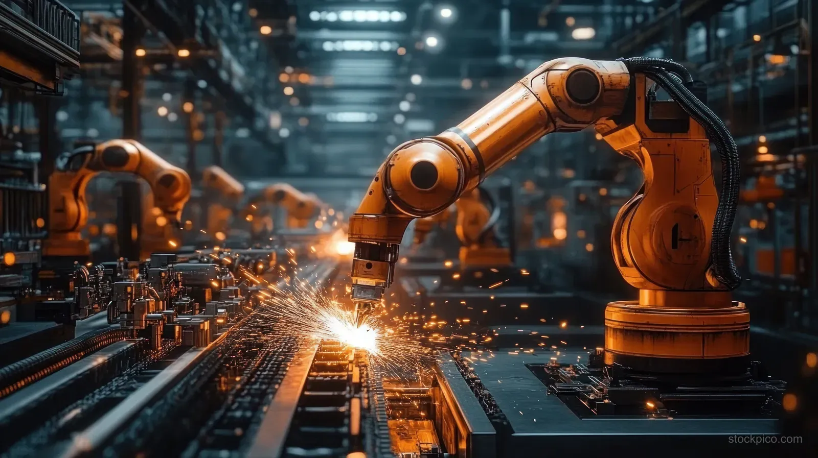 Robotic welding arms fuse metal parts on a factory line with bright sparks under neon lighting.