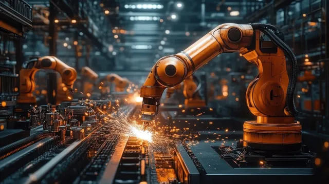 Robotic welding arms fuse metal parts on a factory line with bright sparks under neon lighting.