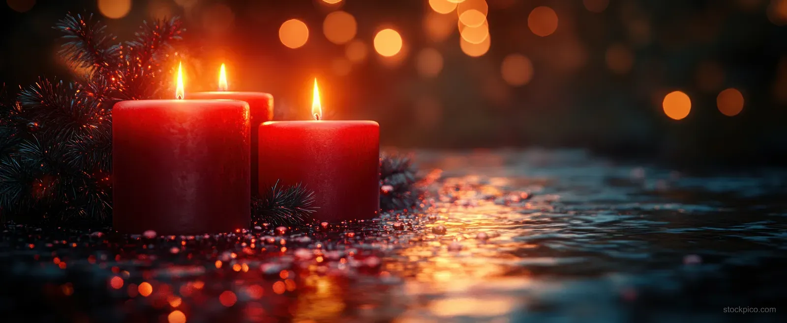 Two red advent candles glow with flickering flames next to evergreen sprigs and warm bokeh lights in darkness.