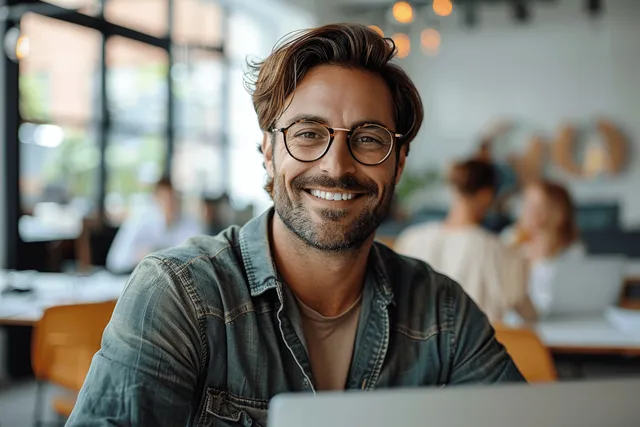 Smiling young man working on a laptop at a desk in a modern office with blurred coworkers behind.