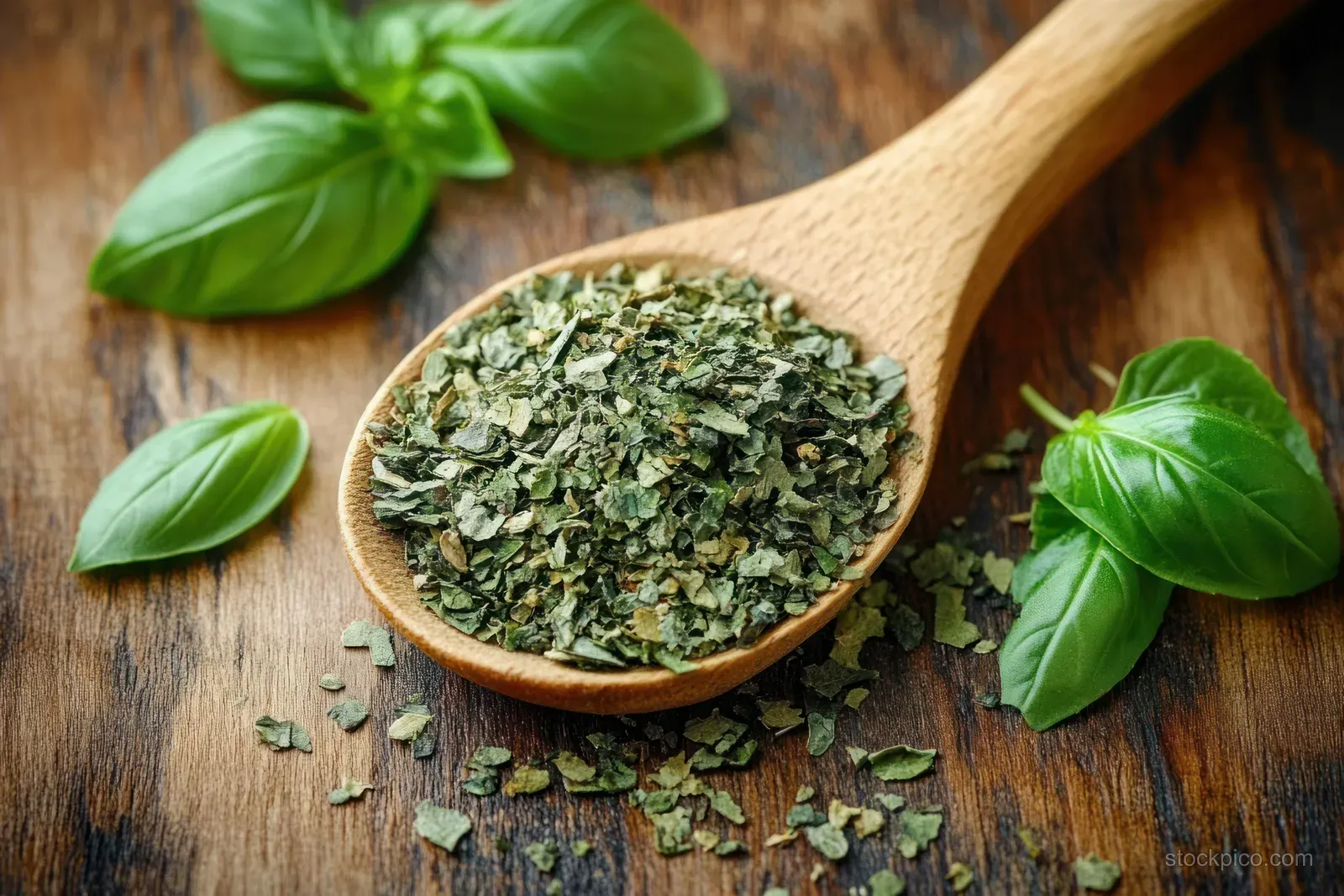 Wooden spoon filled with dried green basil herbs next to fresh basil leaves on a rustic wooden table.