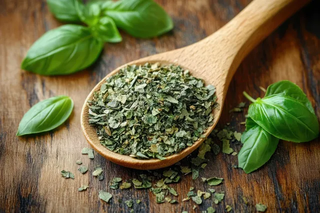 Wooden spoon filled with dried green basil herbs next to fresh basil leaves on a rustic wooden table.