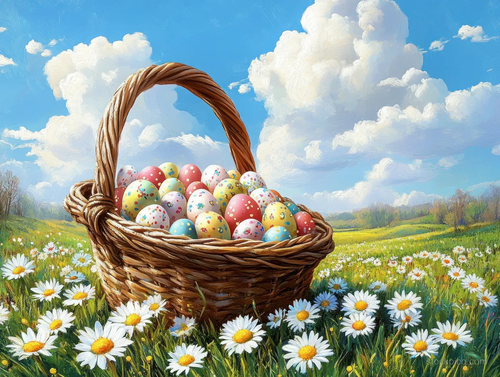A wicker basket brims with colorful spotted Easter eggs in a green meadow of white daisies under a blue cloudy sky.