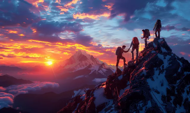 Hikers assist each other atop a rocky mountain ridge as sunset glows behind peaks