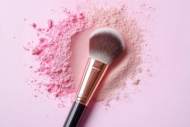 Makeup brush resting on scattered pink powder with soft pastel background