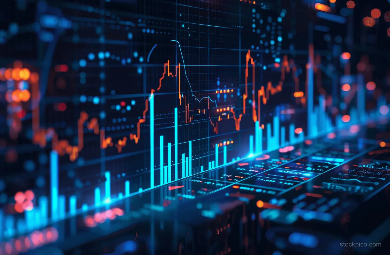 Glowing blue candlestick and line charts appear on a dark futuristic trading interface with data grid details.