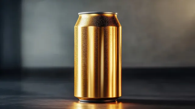 A single golden beverage can with condensation droplets stands on a dark reflective surface.