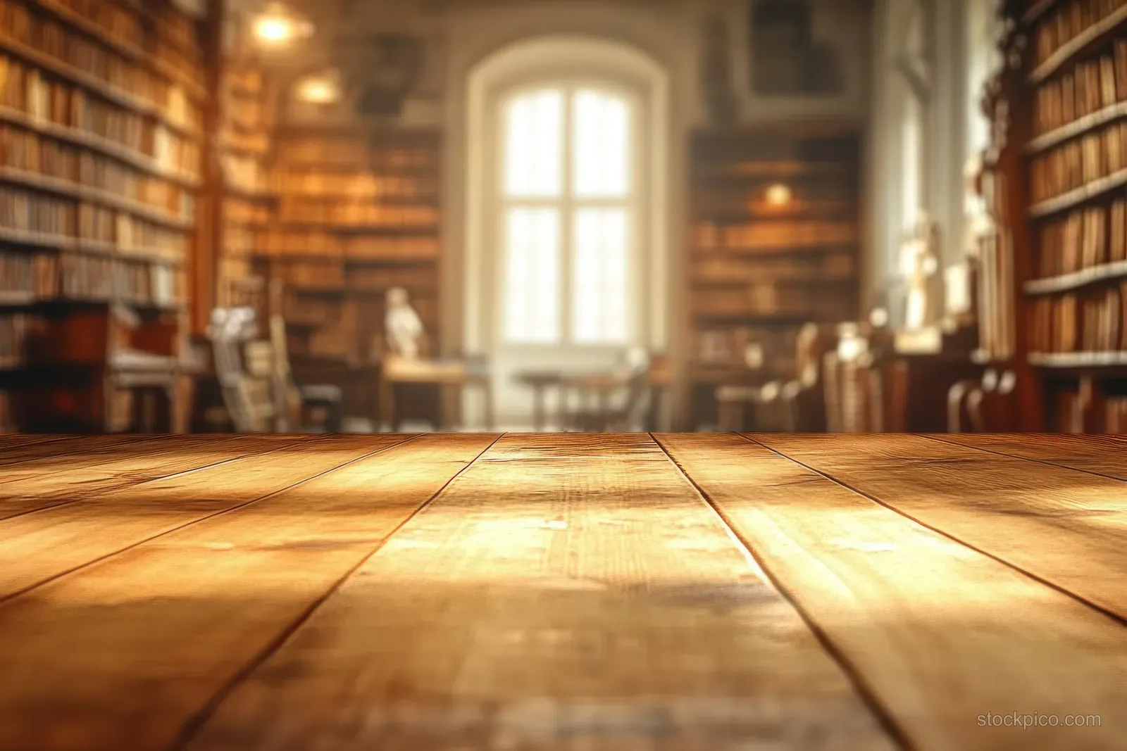 Warm wooden table foreground with softly blurred bookshelves and a bright window in a quiet library room.