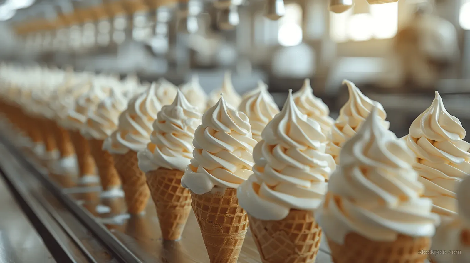 Rows of soft serve ice cream cones move along a conveyor belt in a factory.