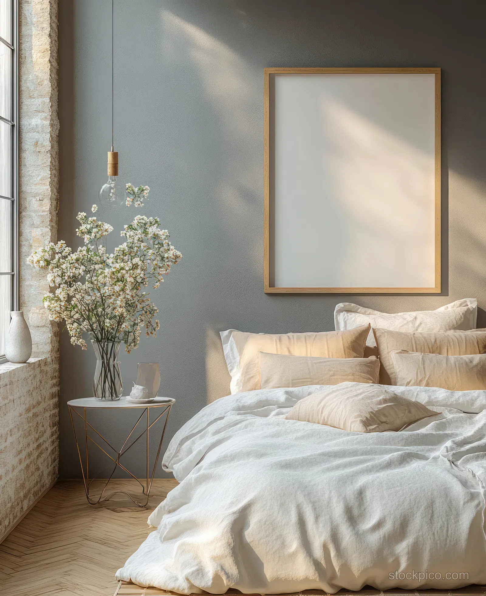 Minimal Scandinavian bedroom with an empty gold frame above a neatly made bed and a vase on a side table.