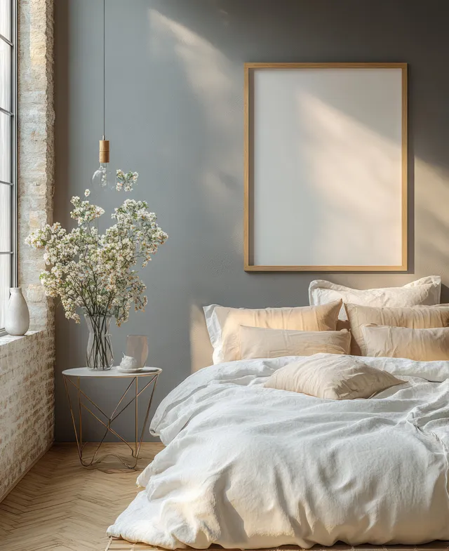 Minimal Scandinavian bedroom with empty framed wall art above neatly made bed with Frame Mockup
