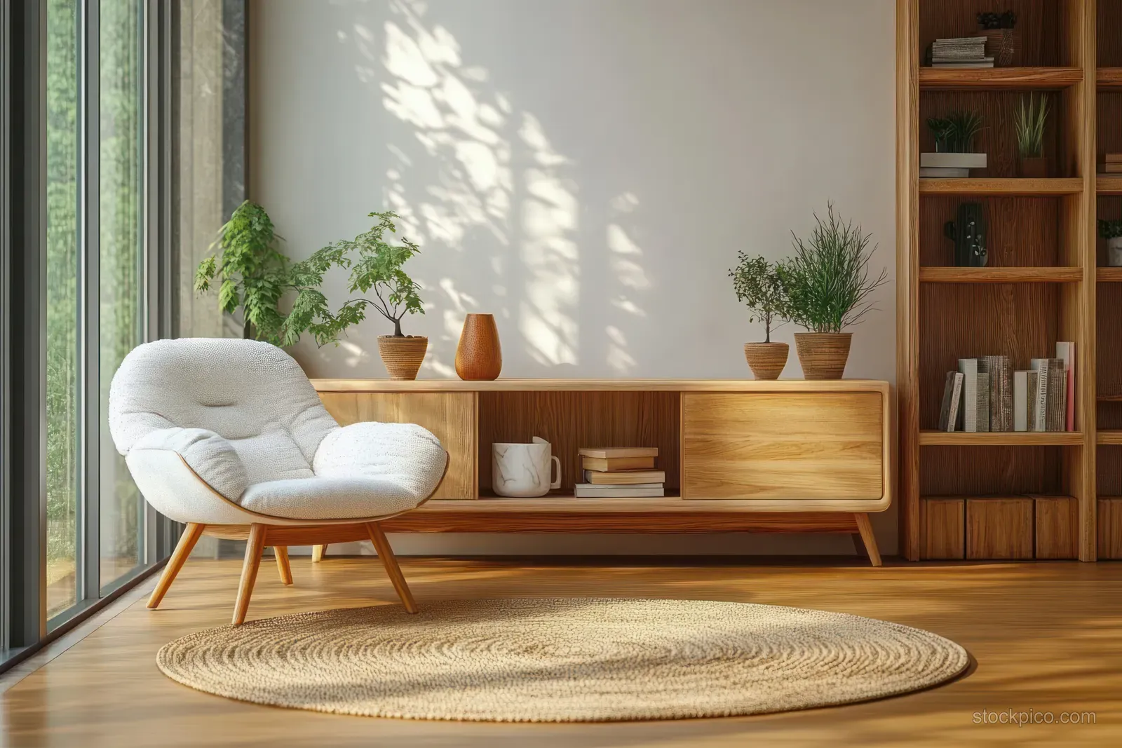 Minimalist living room with a light wood cabinet, white armchair, rug, and potted plants in sunlit window light.