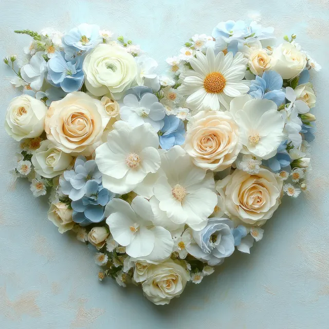Heart-shaped pastel flower arrangement of roses, daisies, and hydrangeas on a soft textured blue background.