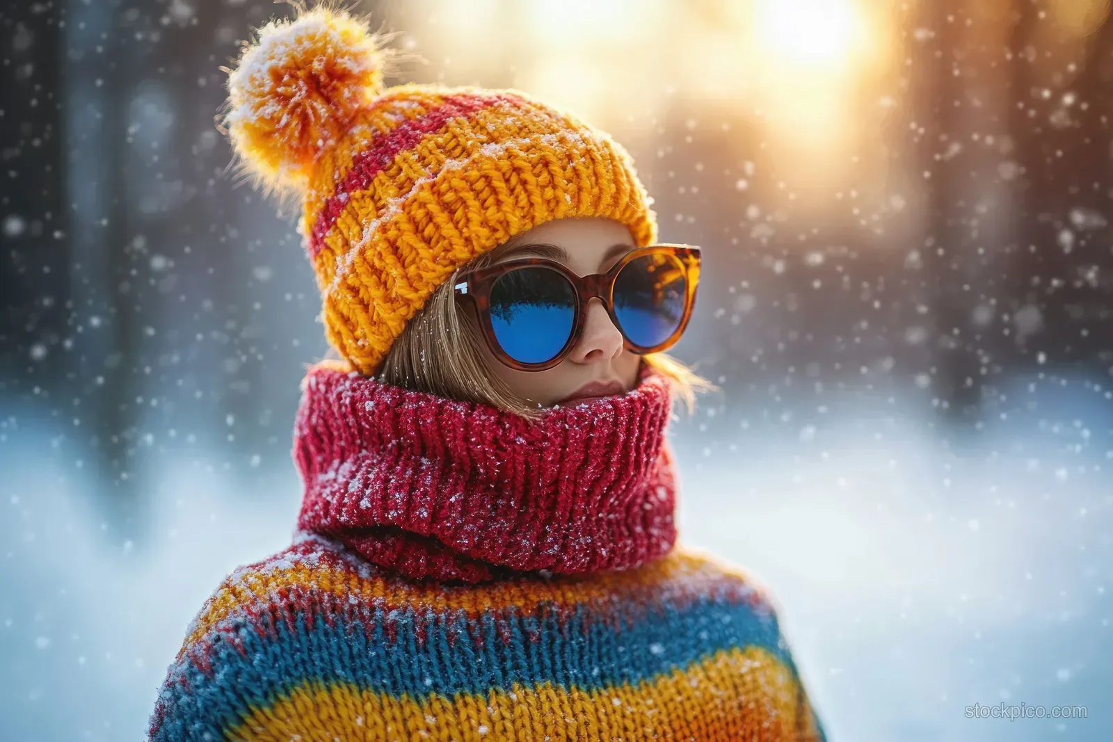 A small dog wearing a knit beanie, sunglasses, and a colorful scarf poses in a snowy scene.