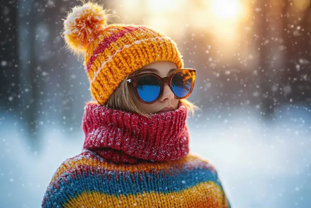 Winter portrait of a small dog wearing a knit hat, sunglasses, and scarf in snow
