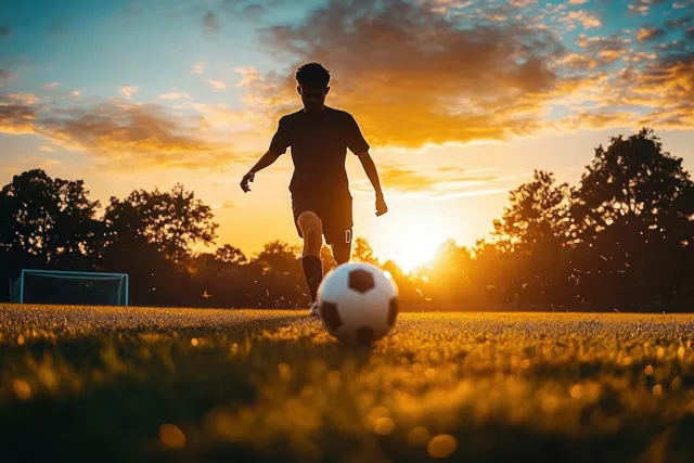 Young soccer player about to kick a ball on a grassy field at sunset
