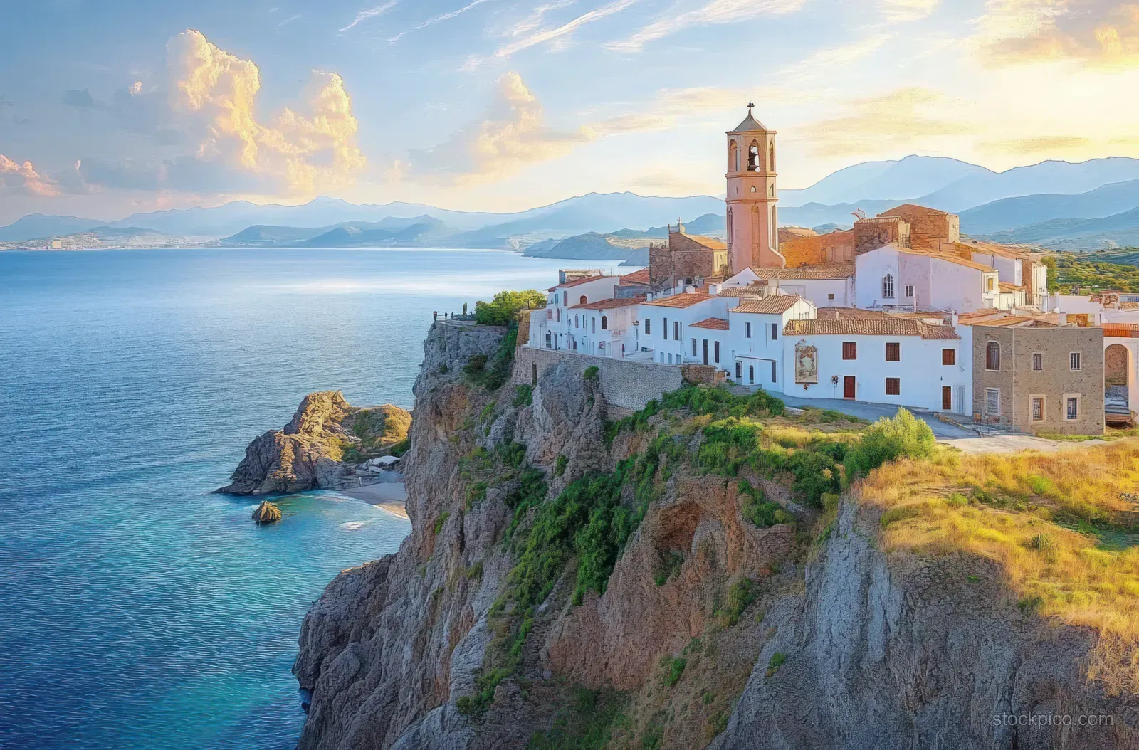 White coastal village and bell tower perched on a rocky cliff with calm blue sea in golden-hour light.
