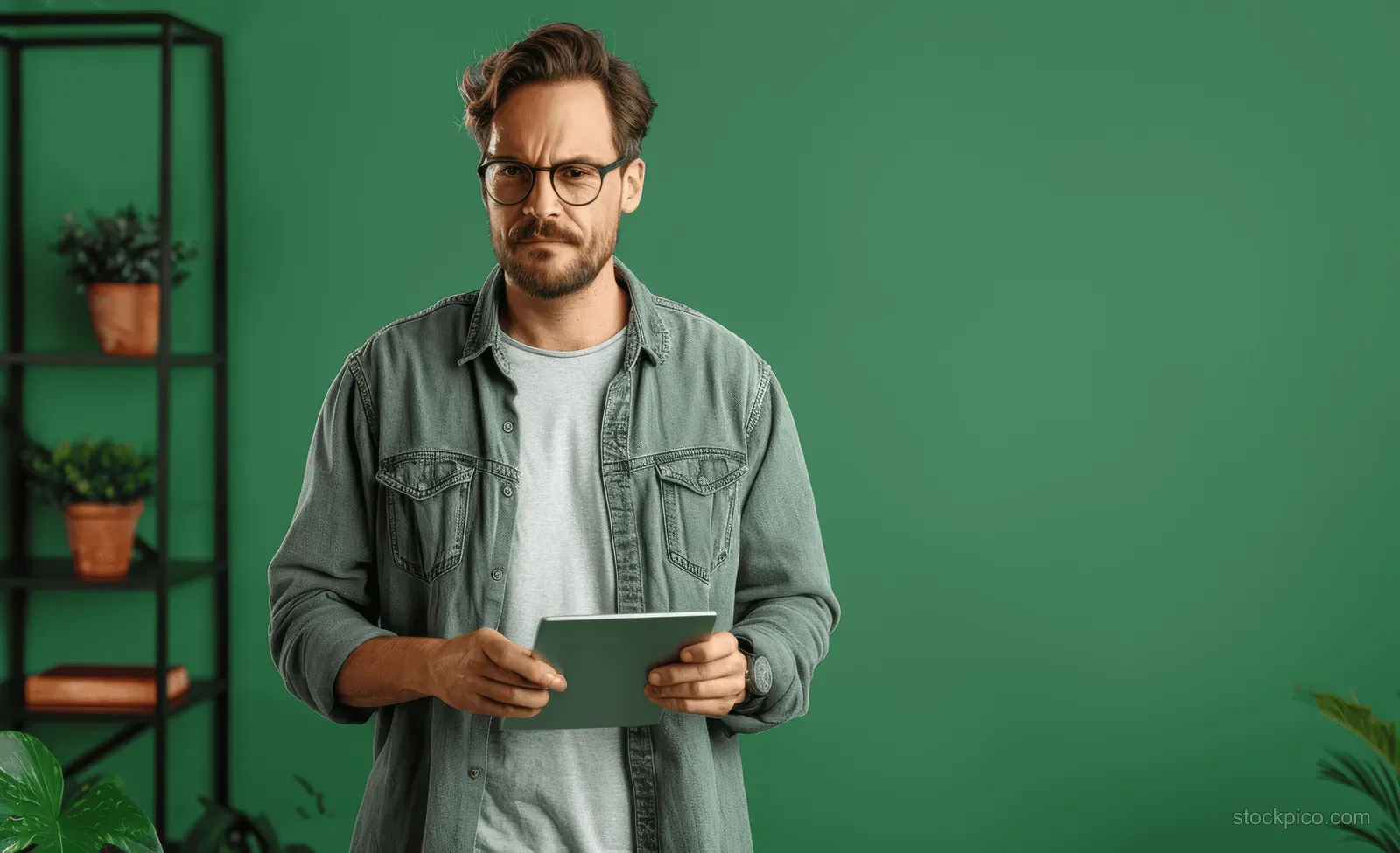 Young man holding a tablet and looking at the screen while standing against a solid green background.