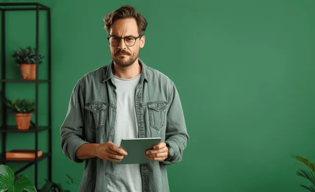 Young man holding a tablet and looking at the screen while standing against a solid green background.