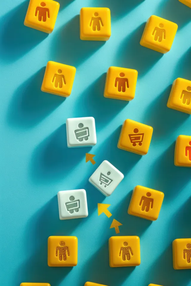 Scattered yellow people-cube icons and white shopping-cart icons on a blue surface with arrows indicating movement.