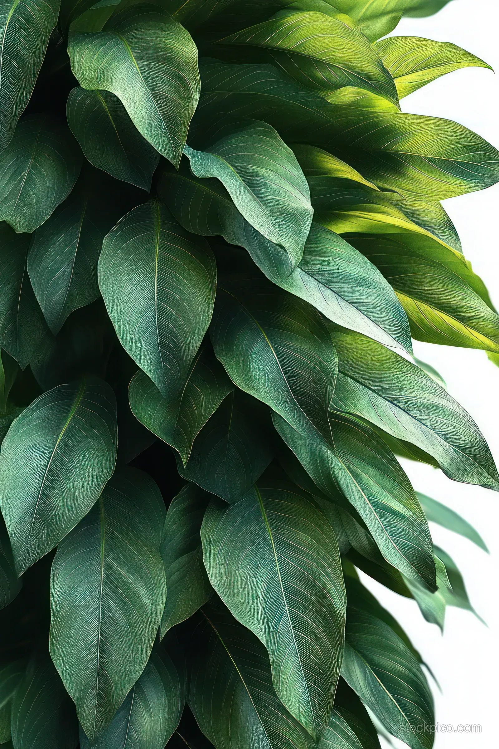 Overlapping lush green tropical leaves fill the frame in natural sunlight with visible smooth surfaces and leaf veins.