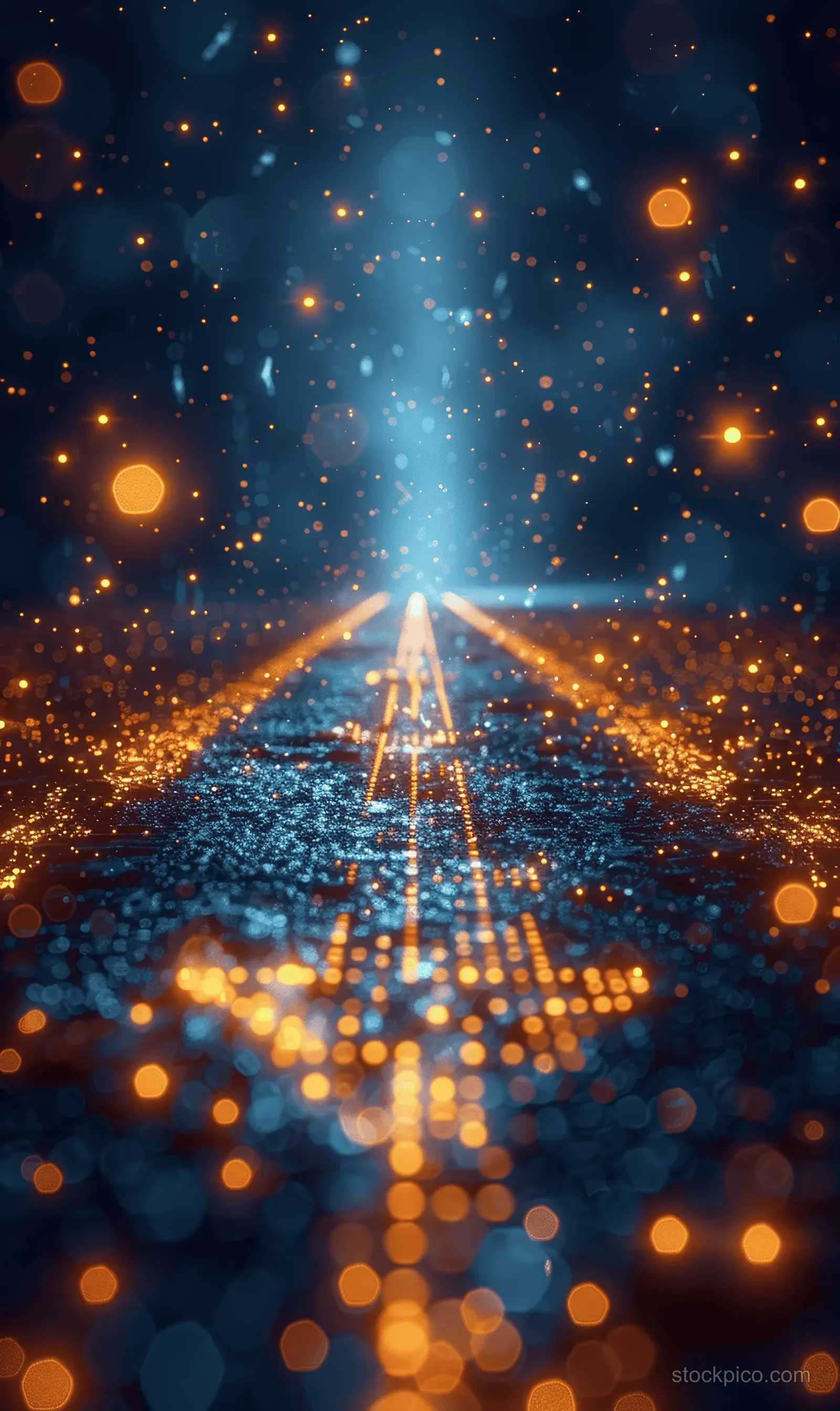 A neon cyberpunk pathway made of glowing particles forms connected network lines into a dark futuristic space.