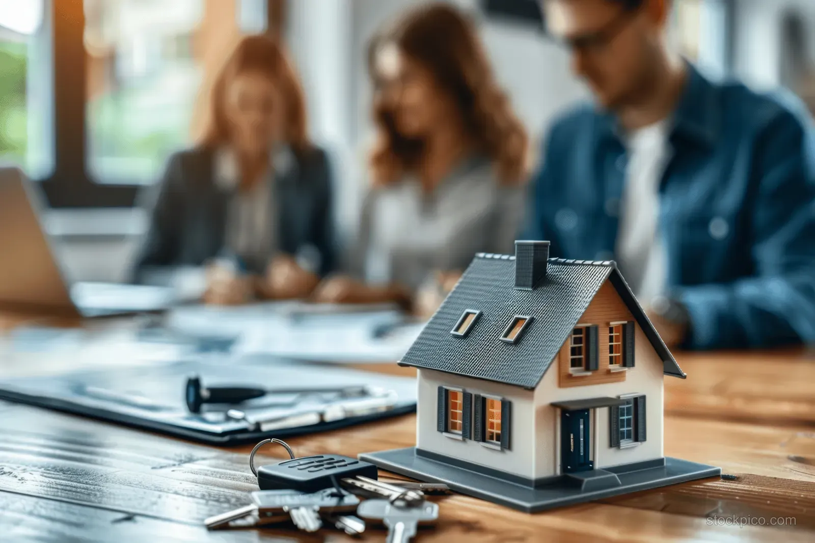 A house model and keys rest on a table as a couple signs mortgage documents during a real estate meeting.