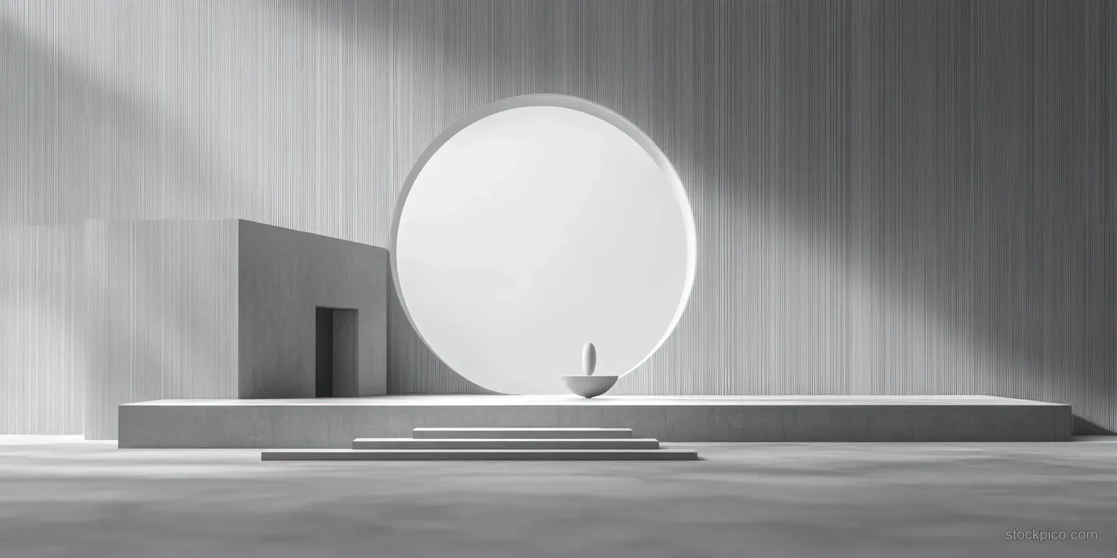 Minimalist white podium platform in a soft-lit studio with a glowing sphere backdrop and shadows.