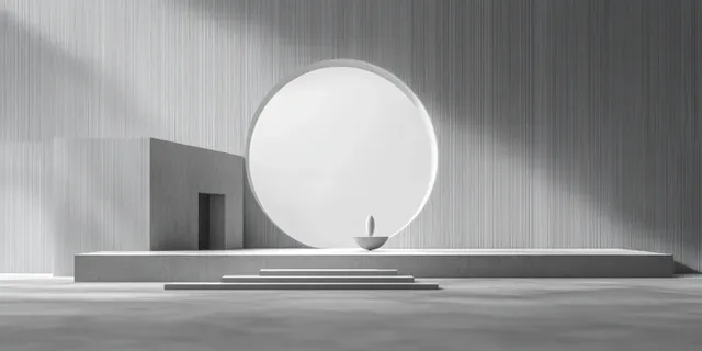 Minimalist white podium platform in a soft-lit studio with a glowing sphere backdrop and shadows.