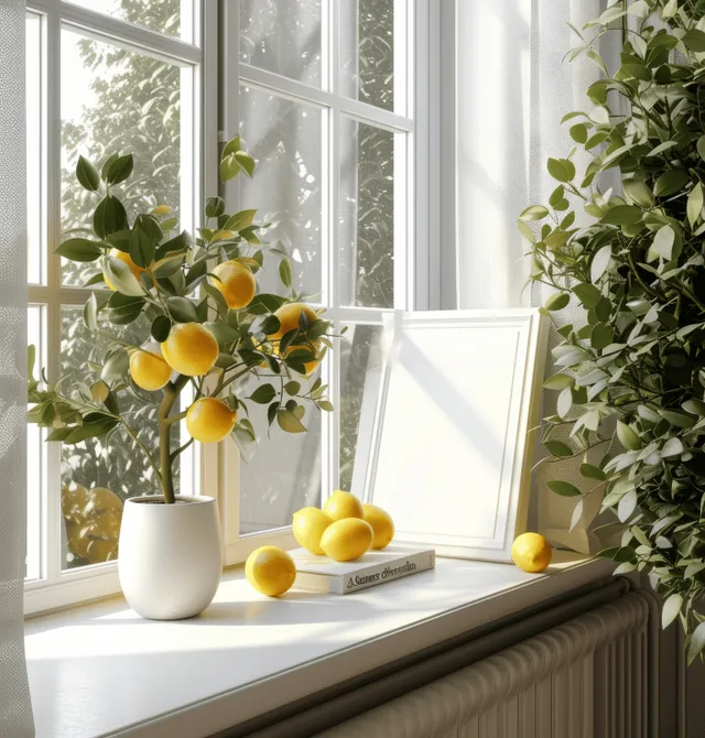 Sunlit window sill holds a lemon tree pot, scattered lemons, and a blank A4 frame with plants around it.