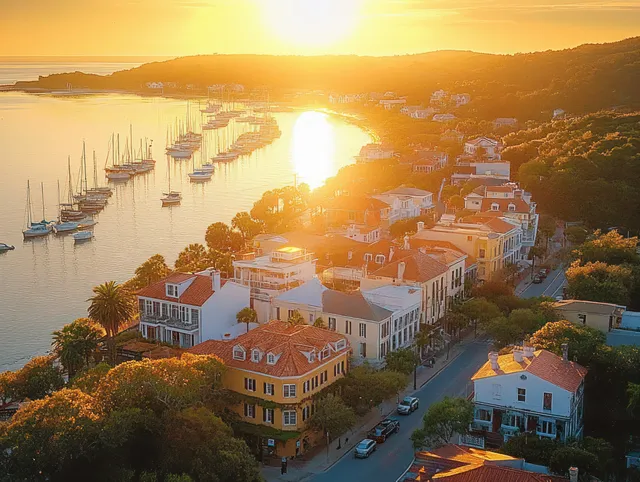 Sunset aerial view of a coastal harbor with docked sailboats, historic buildings, and a glowing golden sky.