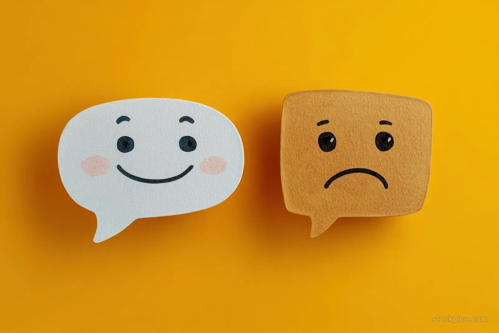 Two speech bubbles with a smiling happy face and a frowning sad face on a bright yellow background.