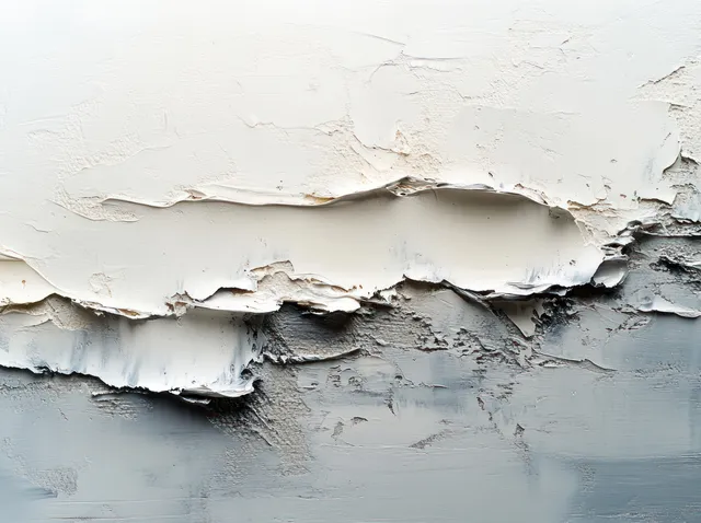Torn white paint reveals a silvery layer with visible texture across a canvas surface.