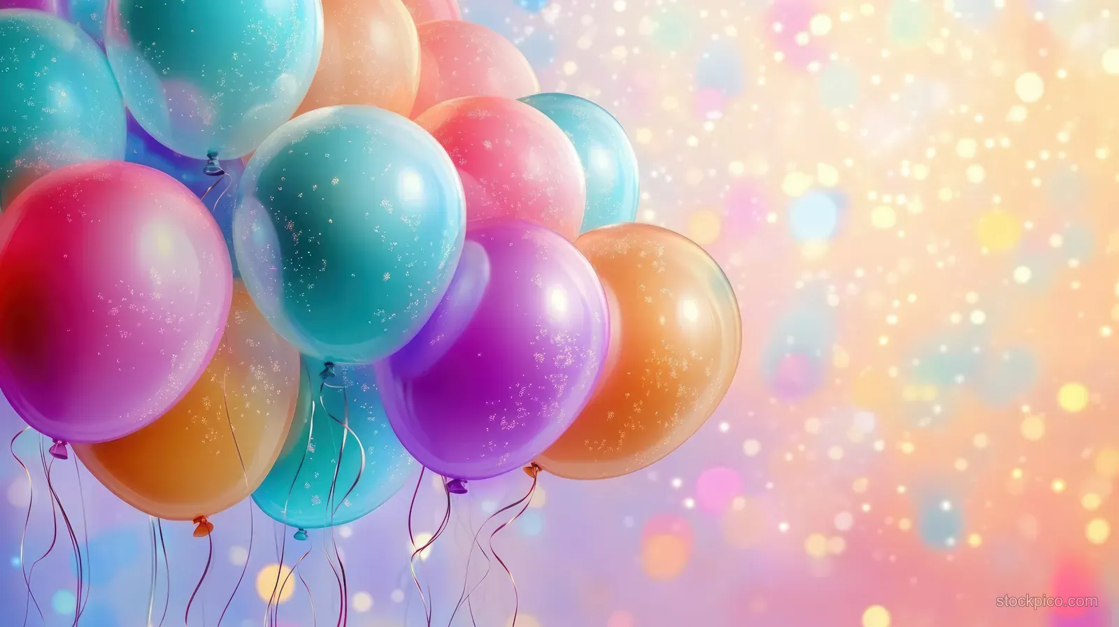 Pastel balloons float upward against a sparkly pastel background with glowing bokeh lights.