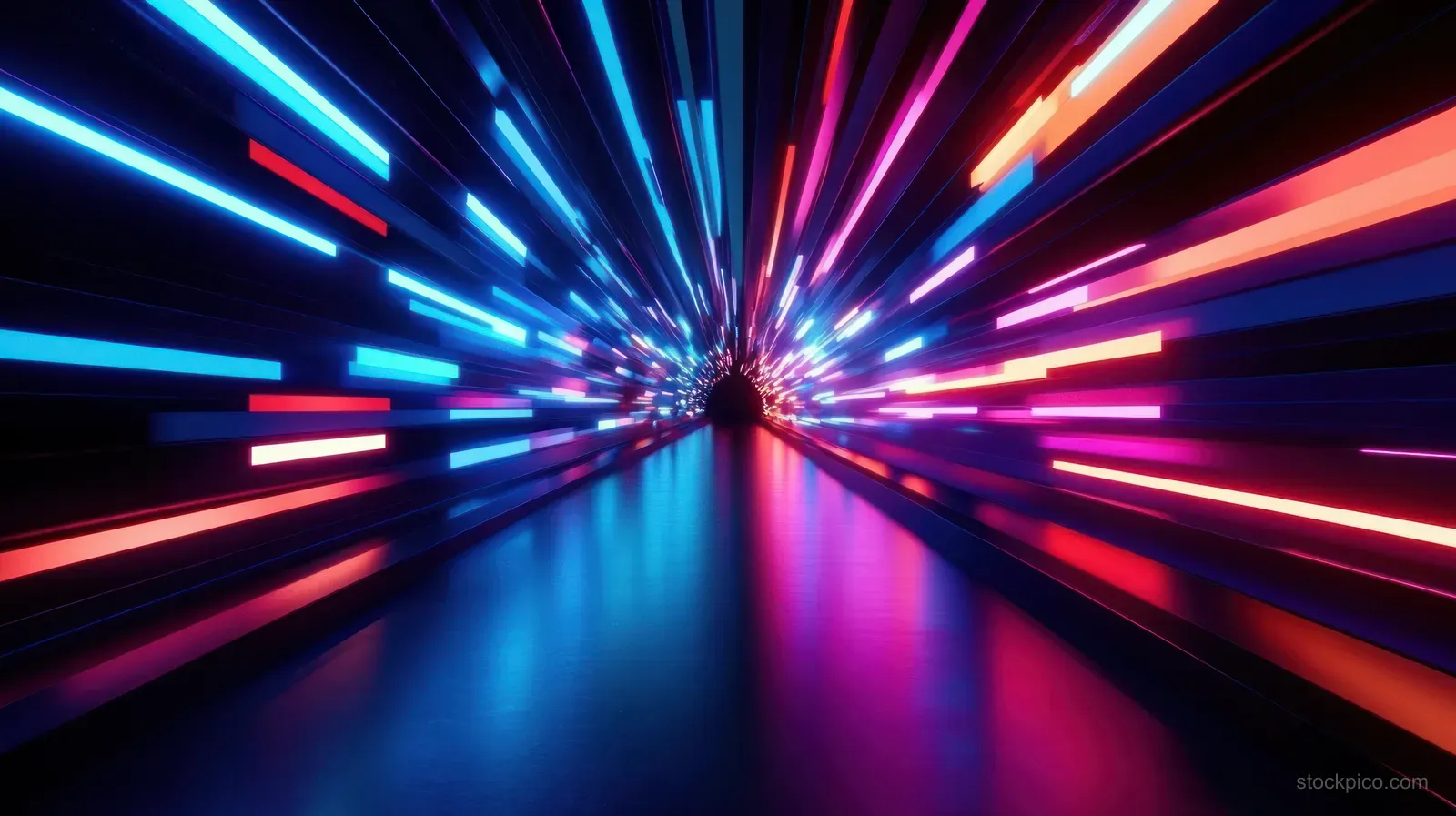 A dark futuristic tunnel with blue, pink, and orange neon streaks radiating inward and reflecting on a glossy floor.