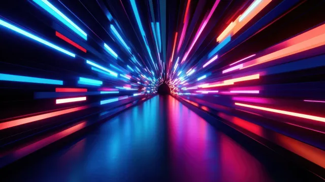 A dark futuristic tunnel with blue, pink, and orange neon streaks radiating inward and reflecting on a glossy floor.