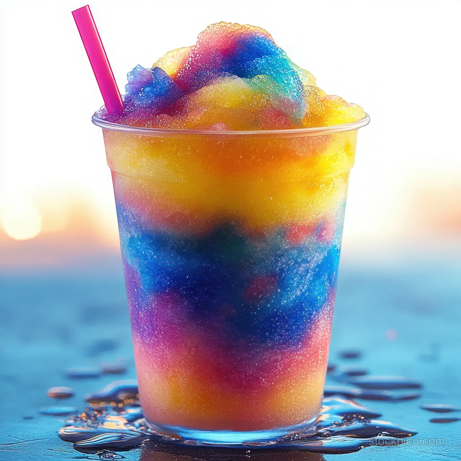Rainbow layered slushy drink in a clear cup with condensation and ice chunks, straw and colorful swirls visible.