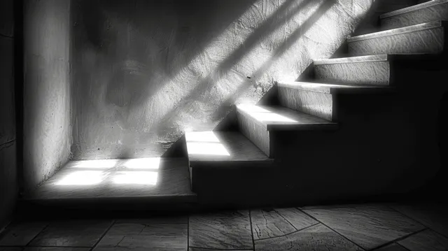 Black-and-white staircase lit by slanted beams, with deep shadows crossing stone steps toward a dark landing.