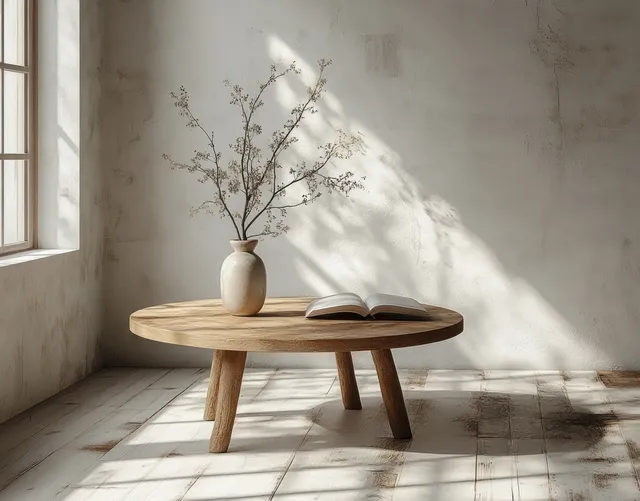 Sunlit Scandinavian corner with a round wooden table, vase of branches, open book, and shadows from a window.