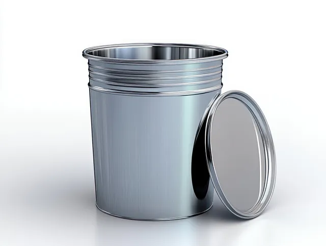 Silver metal trash can with lid open, reflecting studio lights on a clean white background.