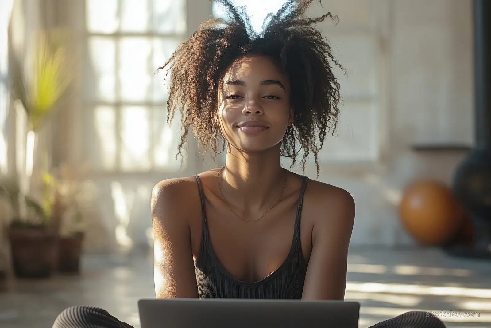 A smiling African American college student uses a laptop in a sunlit indoor room.
