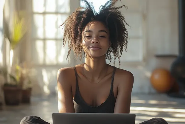 Smiling African American college student using a laptop in a bright, calm living room
