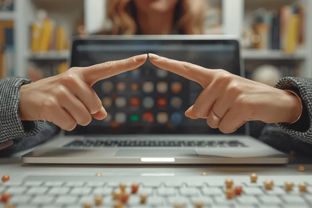 Woman typing on laptop at white office desk, close-up hands framing glowing screen with Human Hands At Keyboard